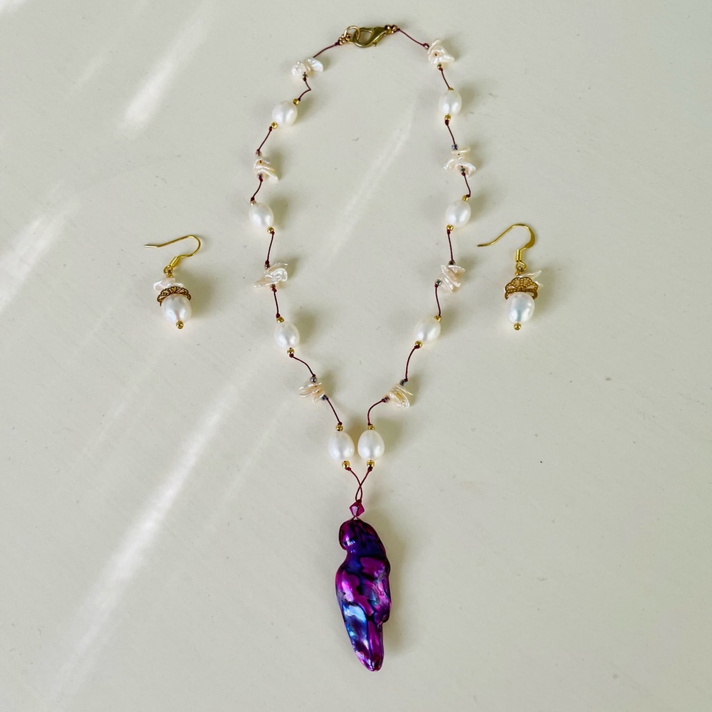 Pearl Necklace & Earrings Set Purple Pendant